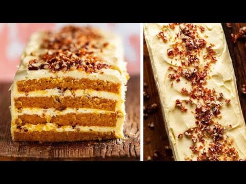 A Pumpkin Layer Cake with Cream Cheese Frosting and Toffee Pecans